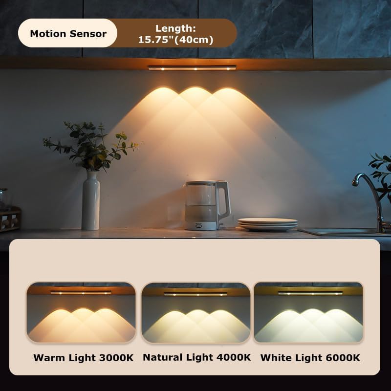 MIRADH 40cm USB Rechargeable Under Cabinet Motion Sensor Light – Wireless Magnetic LED Strip for Kitchen, Closet, Wardrobe, Pantry | 3 Color Dimmable Night Lamp - Image 2