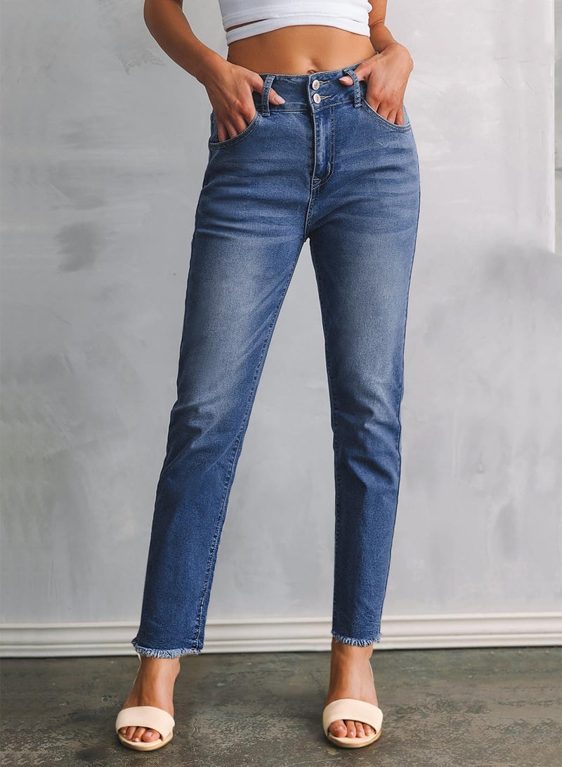 Sidefeel Women's High Waisted Tummy Control Jeans Trendy 2025 Straight Leg Raw Hem Denim Pants Sky Blue Size 14 - Image 3