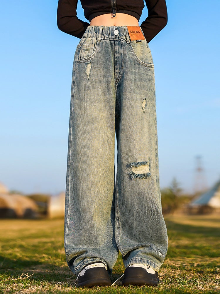 Girls' Jeans Children'S Straight Wide-Leg Pants Autumn Casual Ripped Pants For Older Girls - Image 4