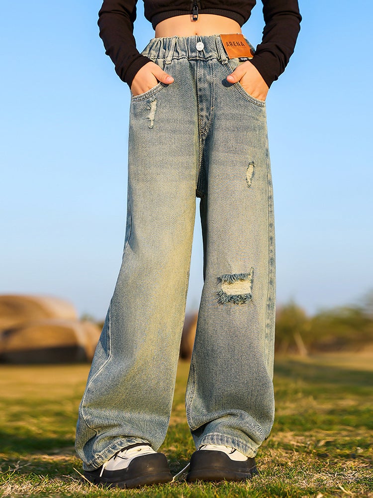 Girls' Jeans Children'S Straight Wide-Leg Pants Autumn Casual Ripped Pants For Older Girls - Image 3