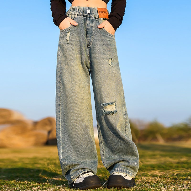 Girls' Jeans Children'S Straight Wide-Leg Pants Autumn Casual Ripped Pants For Older Girls - Image 1