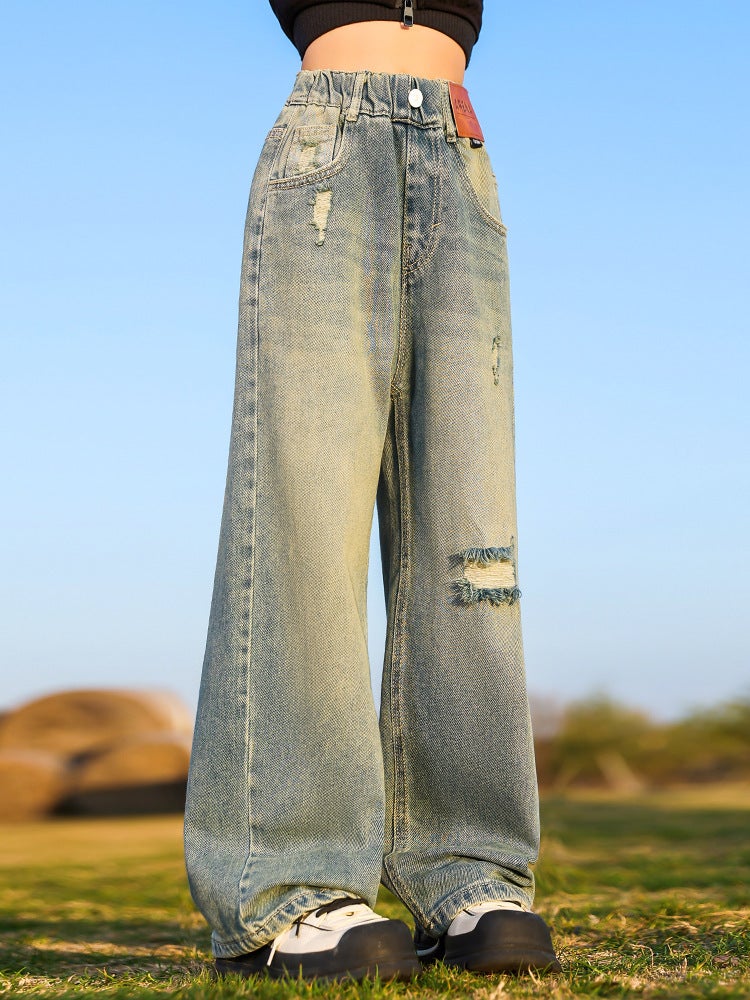 Girls' Jeans Children'S Straight Wide-Leg Pants Autumn Casual Ripped Pants For Older Girls - Image 5