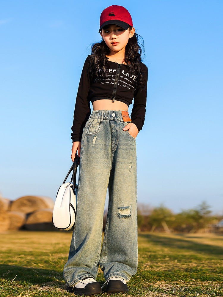 Girls' Jeans Children'S Straight Wide-Leg Pants Autumn Casual Ripped Pants For Older Girls - Image 2