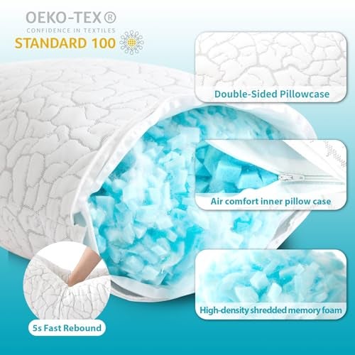 WGAKCED Cooling Pillows for Sleeping 2 Pack, Standard Size Adjustable Shredded Memory Foam Pillows, Firm Bed Pillows for Side, Back, Stomach, Hot Sleepers, Cold Pillow for College Dorm Room - Image 4