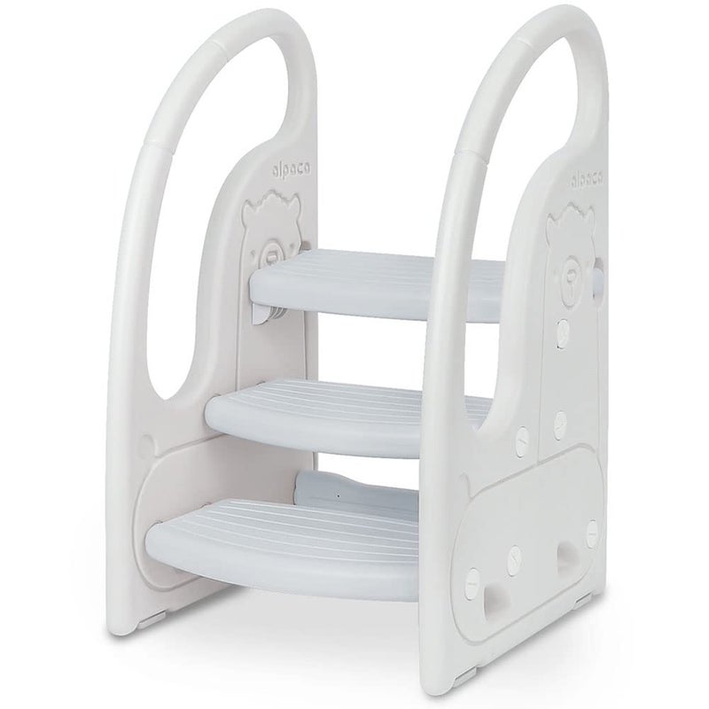 Toddler 3 Step Stool Onasti Kids Standing Tower for Toddlers Plastic Learning Helper Stool for Kitchen Counter Bathroom Sink Toilet Potty Training with Handles and NonSlip PadsGrey White