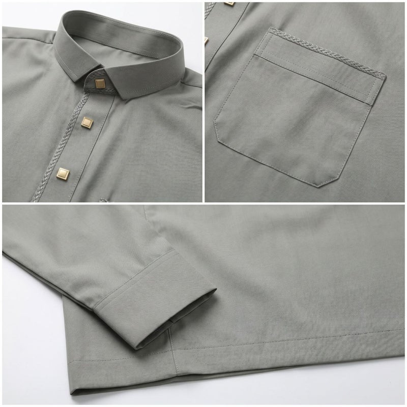 Men's Traditional Long Thobe Kurta, Woven Cotton-Polyester Blend with Button Detail, All-Season Daily Wear, Multiple Colours - Image 3