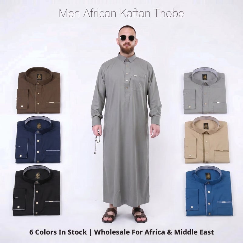 Men's Traditional Long Thobe Kurta, Woven Cotton-Polyester Blend with Button Detail, All-Season Daily Wear, Multiple Colours - Image 2