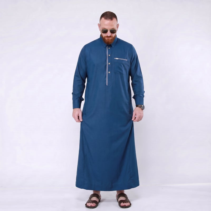 Men's Traditional Long Thobe Kurta, Woven Cotton-Polyester Blend with Button Detail, All-Season Daily Wear, Multiple Colours - Image 4