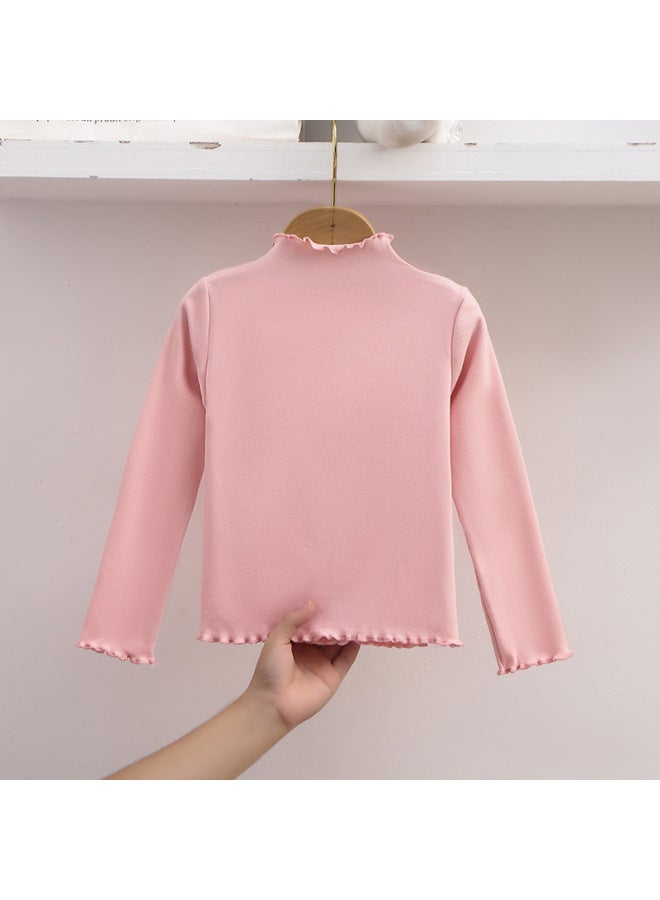 New Style Girls' Base Shirt For Autumn And Winter, Trendy Children's Solid Color Long-sleeve T-shirt With Ruffled Edges, Versatile Top For Older Children