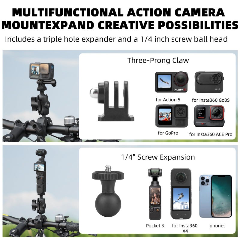 BRDRC Motorcycle Mount for Insta360 X5 X4, Bike Handlebar Clamp Mounts 59" Invisible Selfie Stick Bundle Kit for Insta 360 X5 X4 X3 X2 X ONE, for DJI OSMO 360, for GoPro Camera Accessories - Image 2