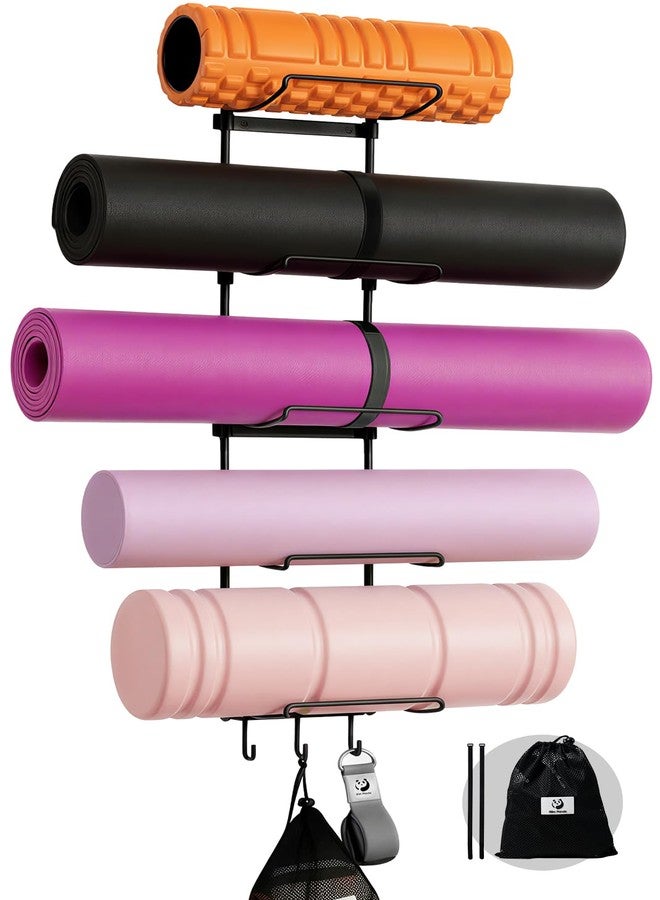 Slim Panda Yoga Mat Holder Wall Mount With Mesh Bag,Yoga Accessories Storage Rack,Home Gym Organizer with 5-Tier & 3 Hooks for Hanging Yoga Mats, Foam Roller, Resistance Bands & Yoga Accessories - Image 1