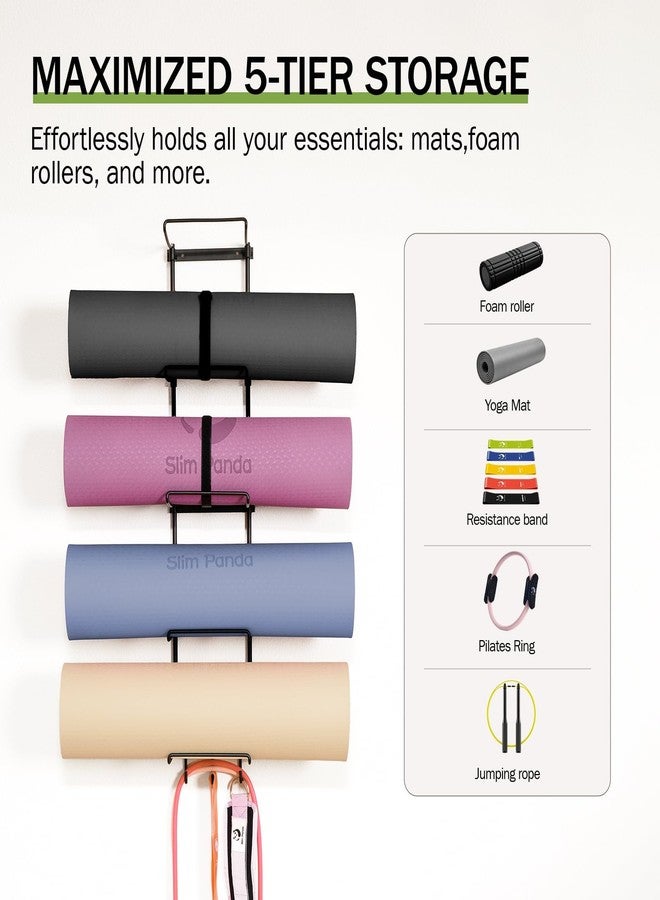Slim Panda Yoga Mat Holder Wall Mount With Mesh Bag,Yoga Accessories Storage Rack,Home Gym Organizer with 5-Tier & 3 Hooks for Hanging Yoga Mats, Foam Roller, Resistance Bands & Yoga Accessories - Image 4