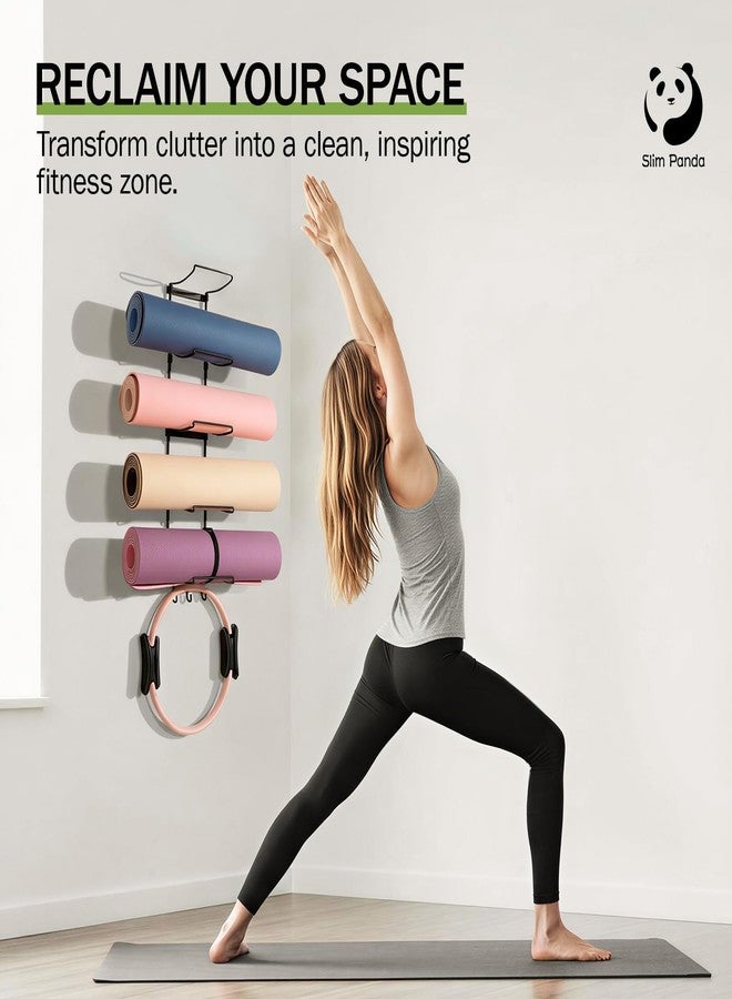 Slim Panda Yoga Mat Holder Wall Mount With Mesh Bag,Yoga Accessories Storage Rack,Home Gym Organizer with 5-Tier & 3 Hooks for Hanging Yoga Mats, Foam Roller, Resistance Bands & Yoga Accessories - Image 3