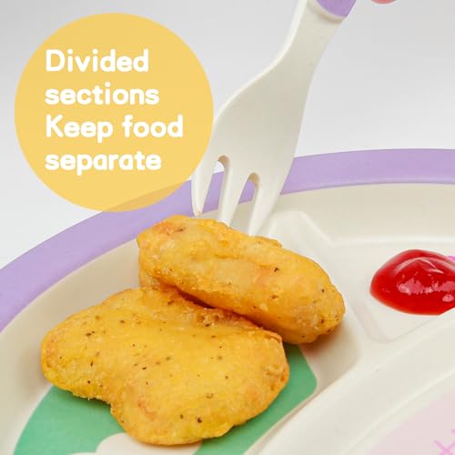 PHEENOWL Kids Dinnerware Set 5-Pieces Includes Divided Plate Bowl Cup Fork Spoon Utensils, BPA Free Bamboo Fiber Material Perfect for Toddler Girls (Purple - Butterfly Theme) - Image 5