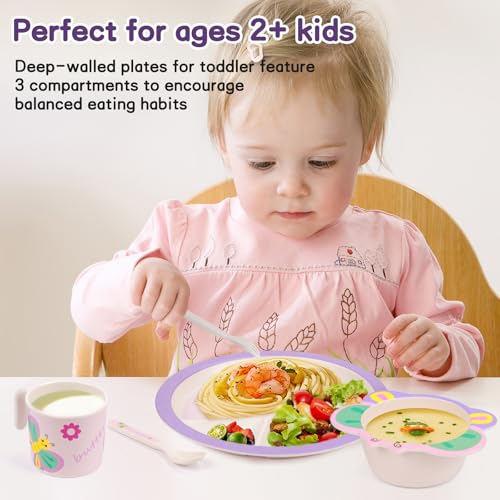 PHEENOWL Kids Dinnerware Set 5-Pieces Includes Divided Plate Bowl Cup Fork Spoon Utensils, BPA Free Bamboo Fiber Material Perfect for Toddler Girls (Purple - Butterfly Theme) - Image 3