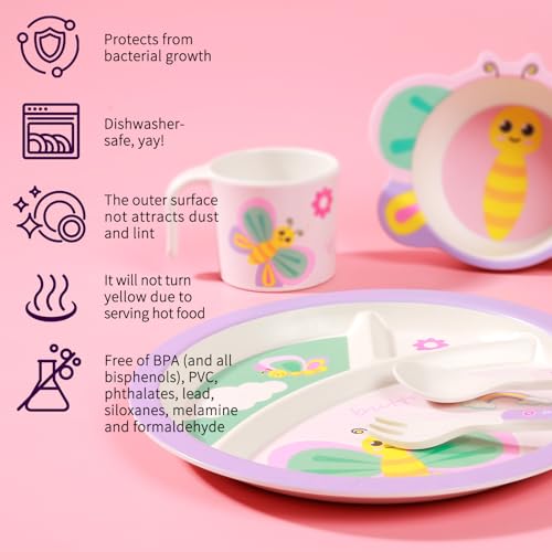 PHEENOWL Kids Dinnerware Set 5-Pieces Includes Divided Plate Bowl Cup Fork Spoon Utensils, BPA Free Bamboo Fiber Material Perfect for Toddler Girls (Purple - Butterfly Theme) - Image 4