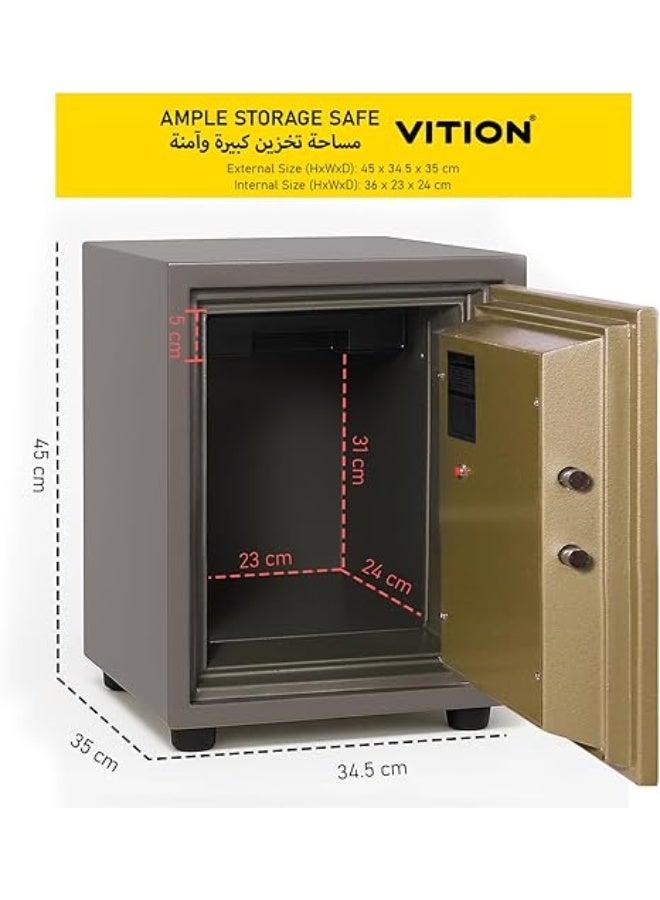 VITION Fireproof Safe Box with Dual Digital Keypad & Key Lock for Passport Cash Jewelries Home Office (Size 45x34.4x35cm, 42kg) Grey/Beige - Image 4