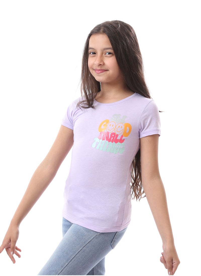 Andora - Girls Front & Back Print Cotton T-Shirt - Lavender - Image 1