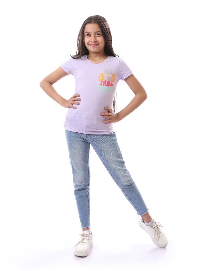 Andora - Girls Front & Back Print Cotton T-Shirt - Lavender - Image 1