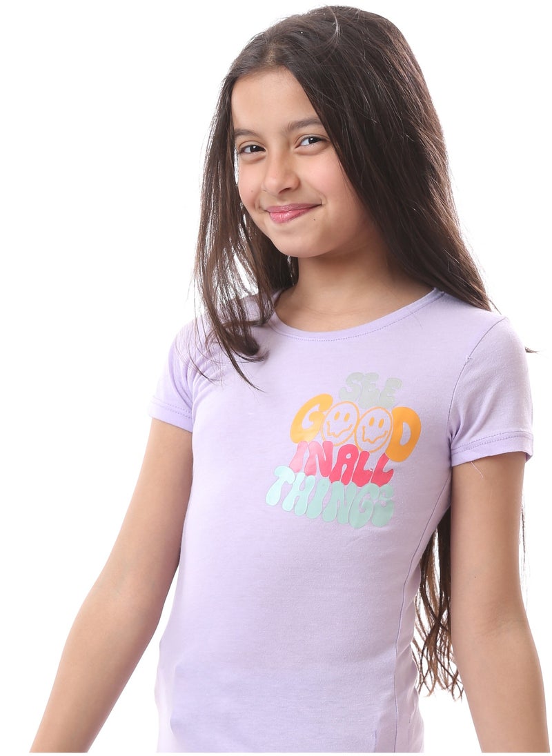 Andora - Girls Front & Back Print Cotton T-Shirt - Lavender - Image 1