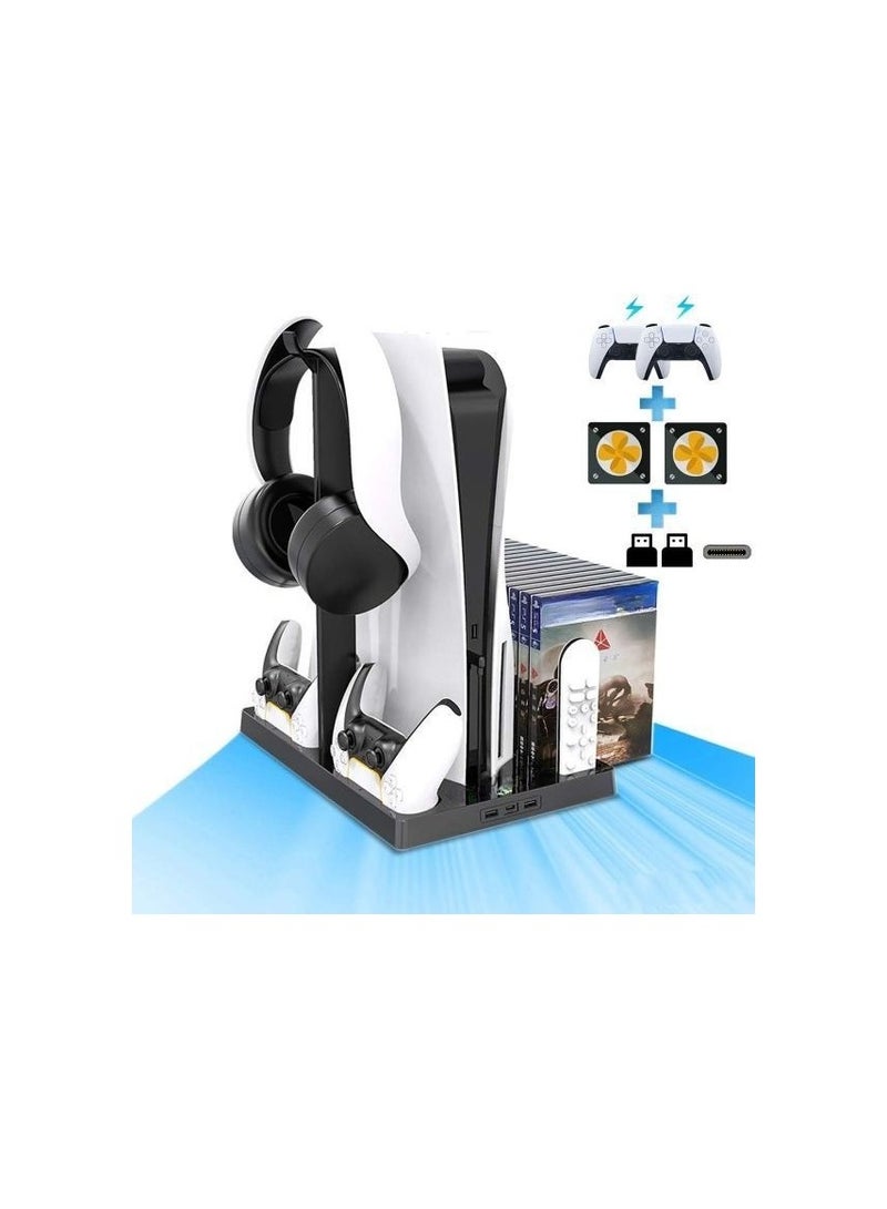 Vertical Stand for Gaming Console with Dual Cooling Fans, 2 Charging Stations, 15 Game Storage Slots, Headset & Remote Holder – Black
