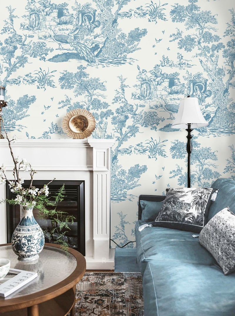 CiCiwind 16In×197In White and Blue Peel and Stick Wallpaper for Bedroom Removable Self-Adhesive Wall Paper Vintage Toile Contact Paper for Cabinets Shelf Drawer Country Wallpaper Walls Covering - Image 4