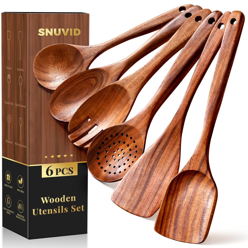 Snuvid Premium Teak Wooden Spoons for Cooking, 6-Piece Wood Kitchen Utensils Set for Nonstick Cookware - Heat Resistant, Natural Healthy Spatula Set with Hanging Holes - Durable, Scratch-Free & Handcrafted - Image 1