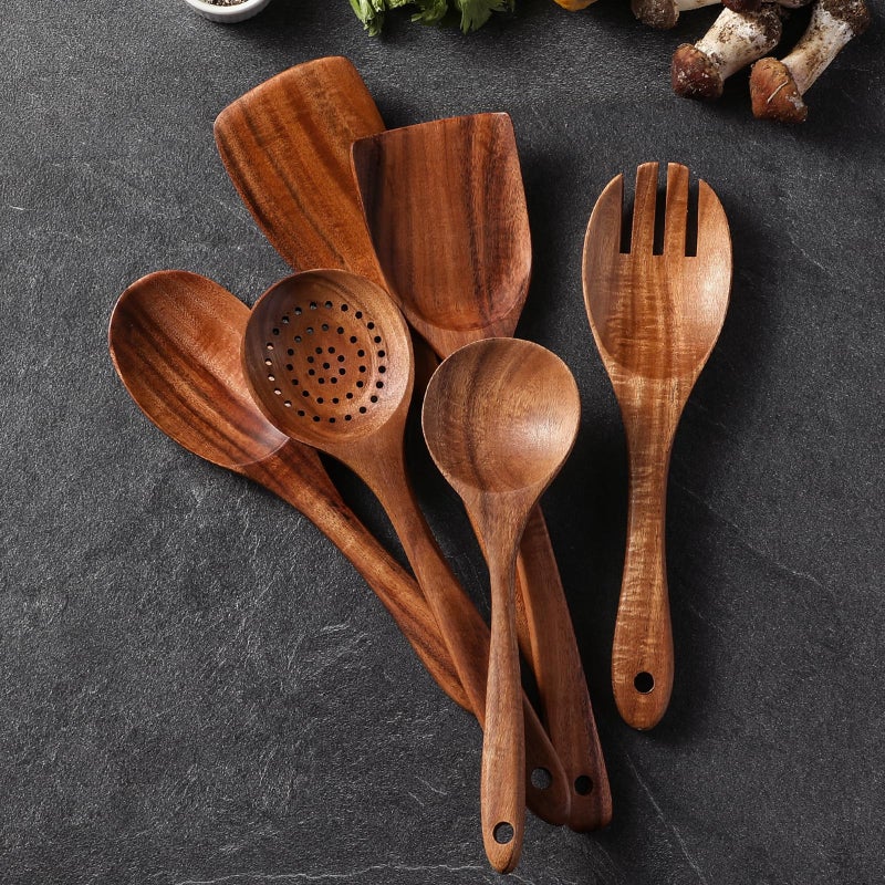 Snuvid Premium Teak Wooden Spoons for Cooking, 6-Piece Wood Kitchen Utensils Set for Nonstick Cookware - Heat Resistant, Natural Healthy Spatula Set with Hanging Holes - Durable, Scratch-Free & Handcrafted - Image 3