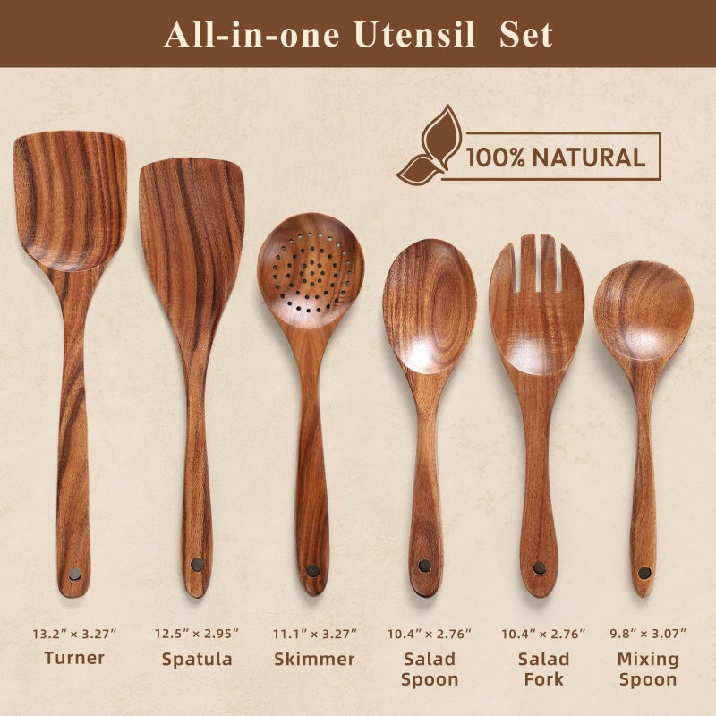 Snuvid Premium Teak Wooden Spoons for Cooking, 6-Piece Wood Kitchen Utensils Set for Nonstick Cookware - Heat Resistant, Natural Healthy Spatula Set with Hanging Holes - Durable, Scratch-Free & Handcrafted - Image 2