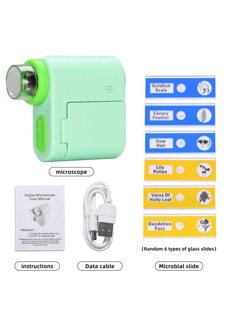 Generic Portable Digital Microscope for Kids - HD Photo & Video Recording, Biology Experiment Observation Educational Toy (Green - No Memory Card) 