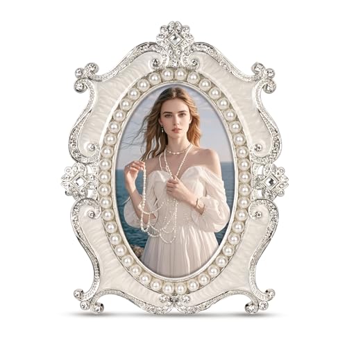 Essovee Vintage Picture Frames 4x6,Metal Vintage Photo Frame,Oval Photo Frame with Crystal and Pearl Decoration,HD Glass,for Wedding Valentine's/Mother's Day Gifts,White - Image 1