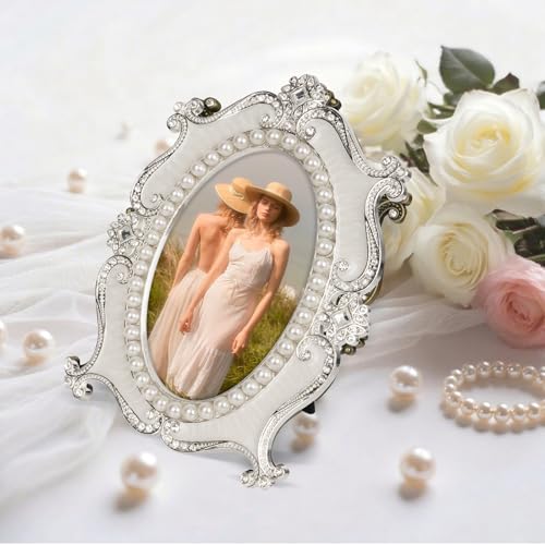 Essovee Vintage Picture Frames 4x6,Metal Vintage Photo Frame,Oval Photo Frame with Crystal and Pearl Decoration,HD Glass,for Wedding Valentine's/Mother's Day Gifts,White - Image 4