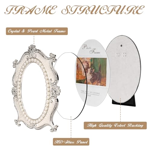 Essovee Vintage Picture Frames 4x6,Metal Vintage Photo Frame,Oval Photo Frame with Crystal and Pearl Decoration,HD Glass,for Wedding Valentine's/Mother's Day Gifts,White - Image 5