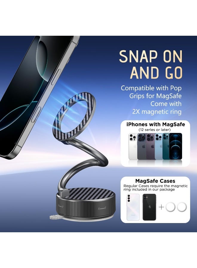 Bukela Car Phone Holder for Magsafe, Vacuum Magnetic Phone Holder Stand with Suction Cup - Ultra Long Metal arm & 360° Adjustable Car Phone Mount for All Smartphones, All Car Models (Carbon Fiber) - Image 2