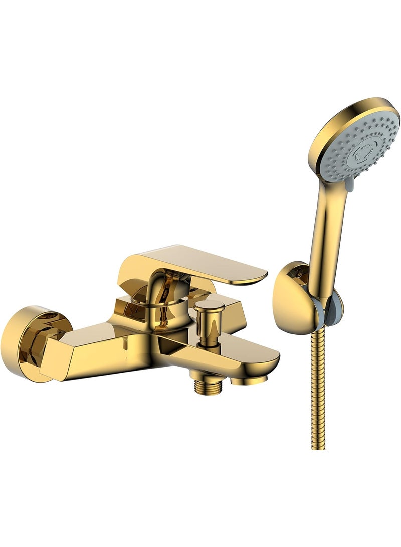 HESANIT خلاط حوض هيسانيت إلت برافعة واحدة مع مجموعة دش يدوي، صنبور حوض مثبت على الحائط، صنبور نحاسي صلب – تشطيب ذهبي مصقول، موديل 7002GBR - Image 1