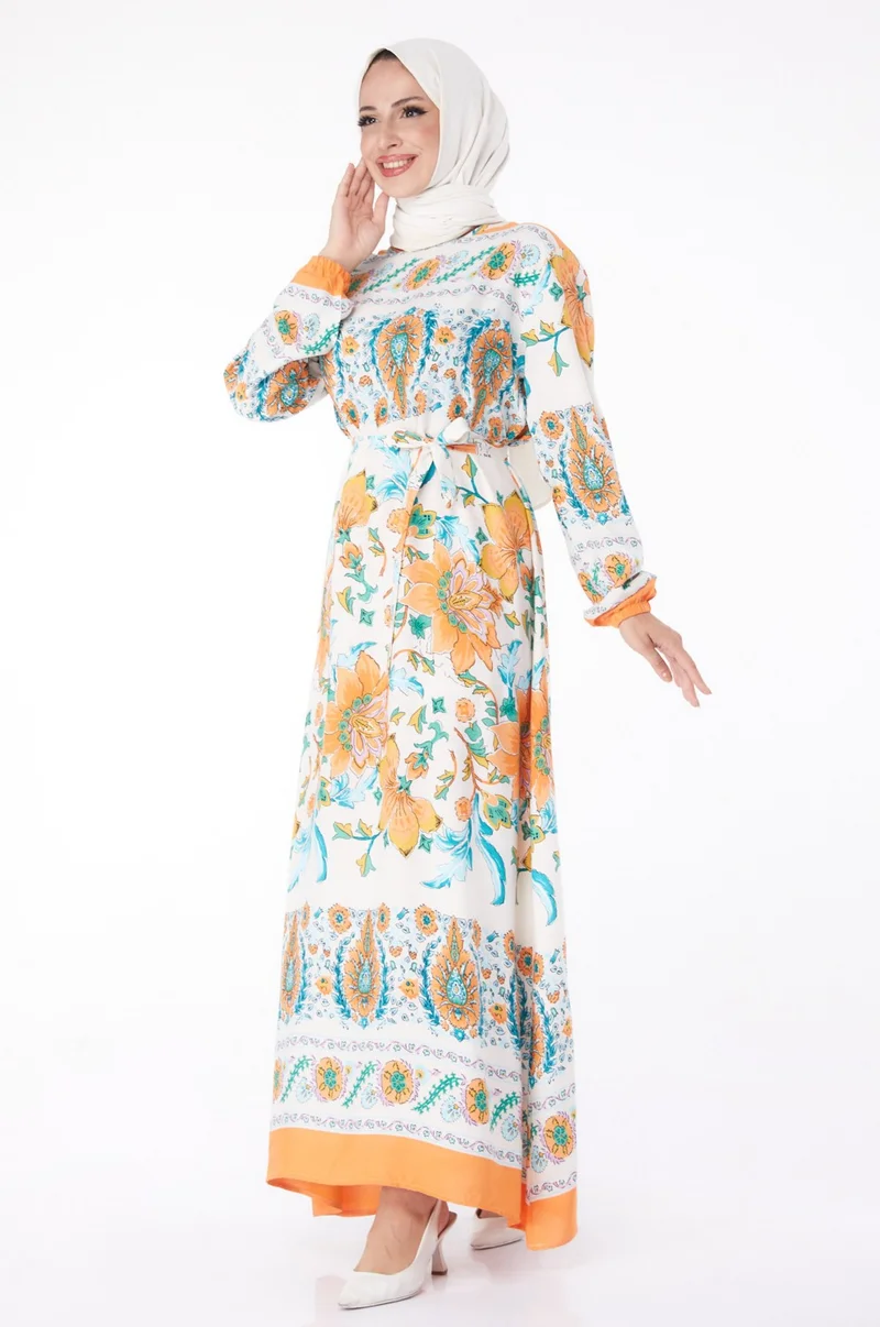 Tofisa Plain Crew Neck Women's Orange Patterned Dress - 26234