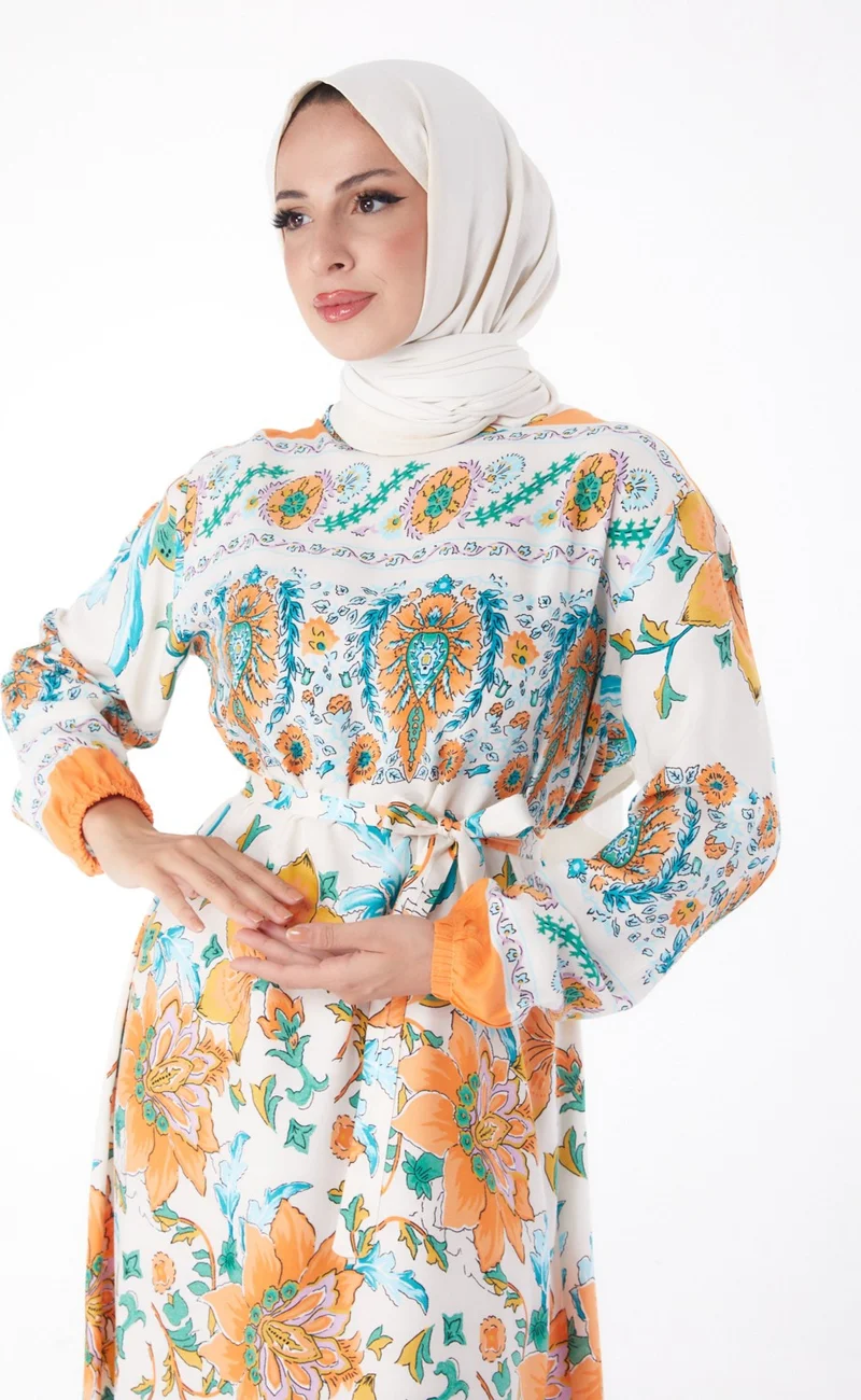 Tofisa Plain Crew Neck Women's Orange Patterned Dress - 26234