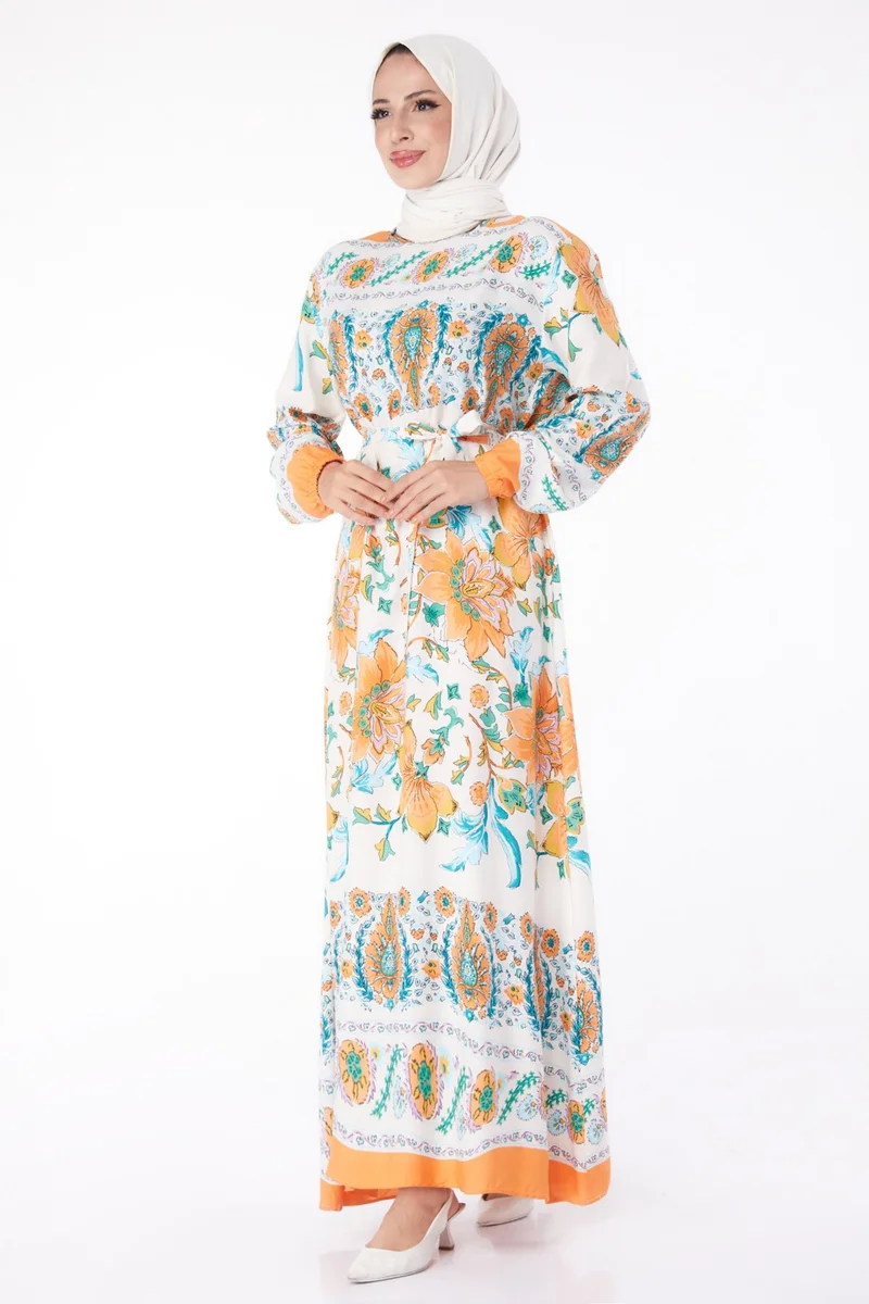 Tofisa Plain Crew Neck Women's Orange Patterned Dress - 26234