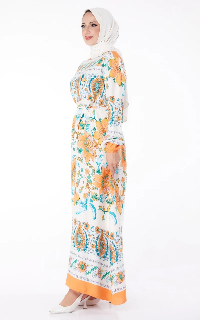 Tofisa Plain Crew Neck Women's Orange Patterned Dress - 26234