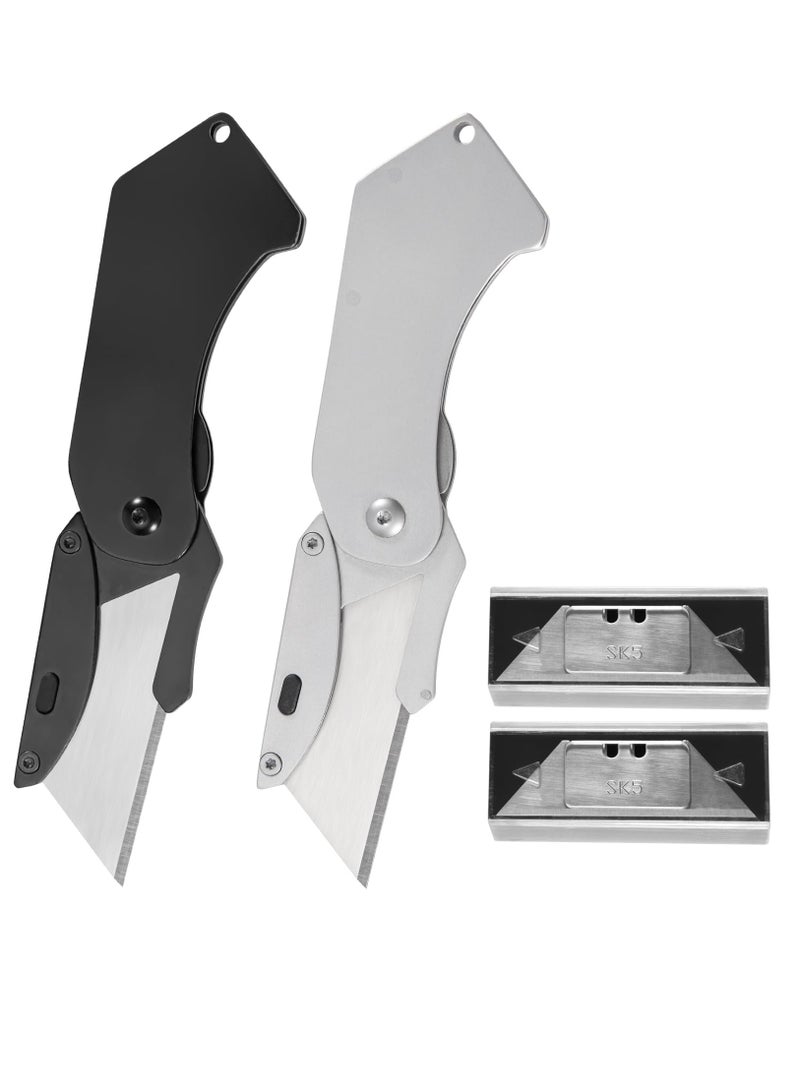 Excefore 2 Set Folding Utility Knife, Mini Box Cutter With 5 SK5 Blades, Razor Knife With Belt Clip,Sliver And Black  - Image 1