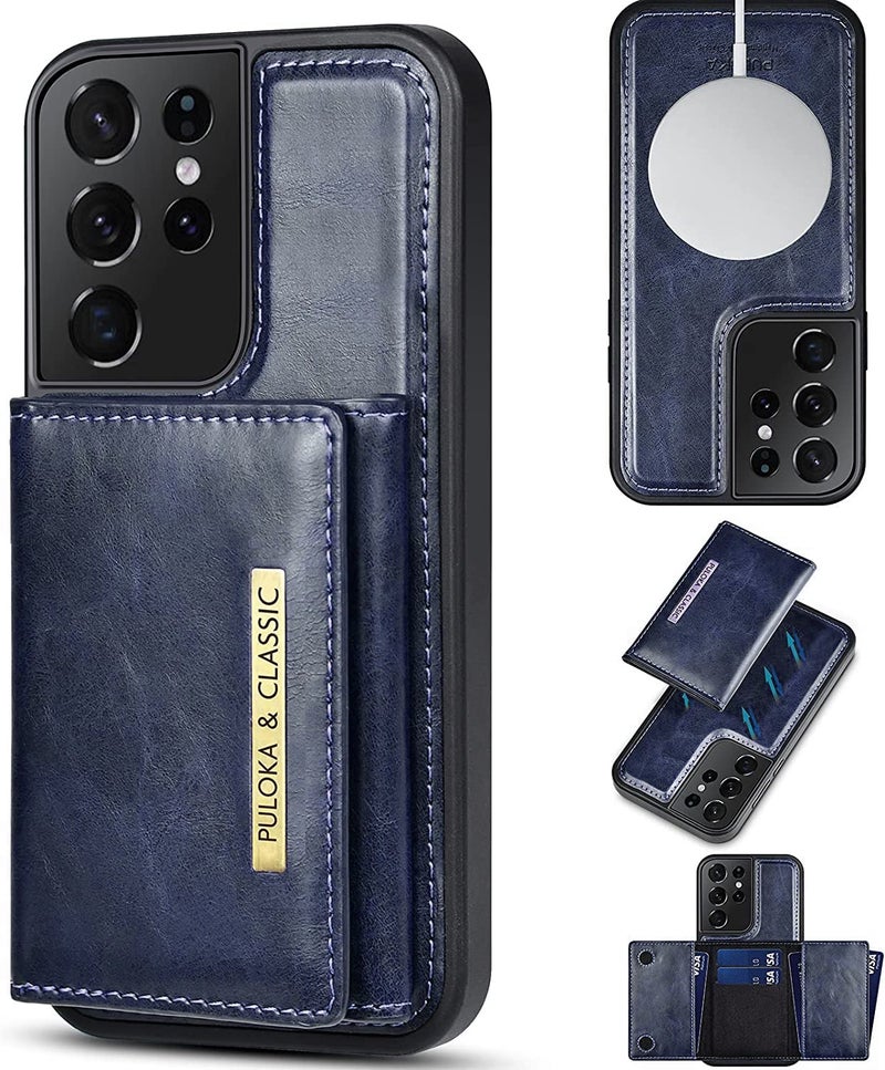 PULOKA Wallet Back Case - Compatible for Samsung S22 Ultra - Vegan Leather Phone Cover - Detachable Card Holder Case with Kickstand - Shockproof, Anti Scratch & Raised Edges for Protection - Blue - Image 5