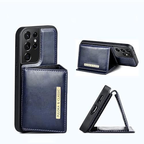 PULOKA Wallet Back Case - Compatible for Samsung S22 Ultra - Vegan Leather Phone Cover - Detachable Card Holder Case with Kickstand - Shockproof, Anti Scratch & Raised Edges for Protection - Blue - Image 1