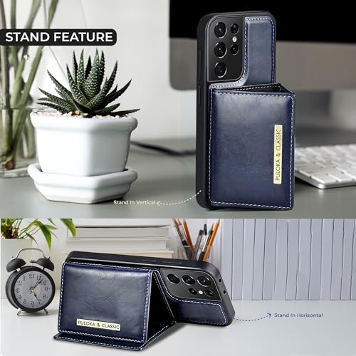 PULOKA Wallet Back Case - Compatible for Samsung S22 Ultra - Vegan Leather Phone Cover - Detachable Card Holder Case with Kickstand - Shockproof, Anti Scratch & Raised Edges for Protection - Blue - Image 3