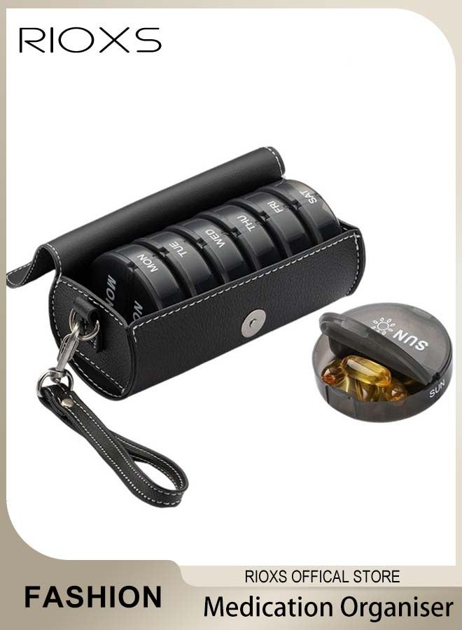 RIOXS Weekly Pill Box Organiser(2 Times A Day) with PU Leather Bag, 7 Day Pill Boxes, Portable Tablet Organiser for Medicine, Daily Tablet Dispenser Pillbox, Medication, Vitamin and Fish Oil Supplements, Convinient to Carry, Made of BPA Free Material - Image 1