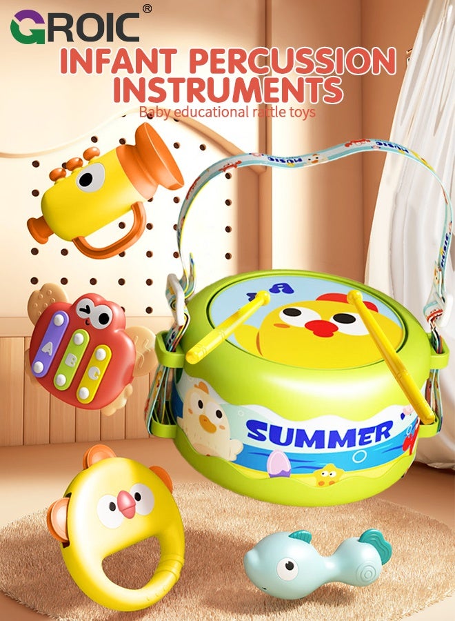 GROIC Toddler Musical Instruments,Baby Toys 5-Piece Set , Infant Rattle Hand Drum Early Education Kit for 0-12 Months,Green Waist Drum,Sensory Development, Boys and Girls ,Preschool Educational 3+ - Image 2