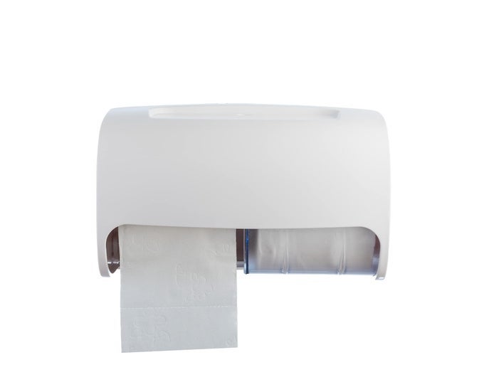 COMMERCIAL TOILET PAPER DISPENSER WALL MOUNT DOUBLE 2 ROLL LOCKING TOILET PAPER HOLDER WHITE COMPACT TWO ROLL SIDE BY SIDE DESIGN TISSUE PAPER DISPENSER DISPENSADOR DE PAPEL HIGIENICO DOBLE