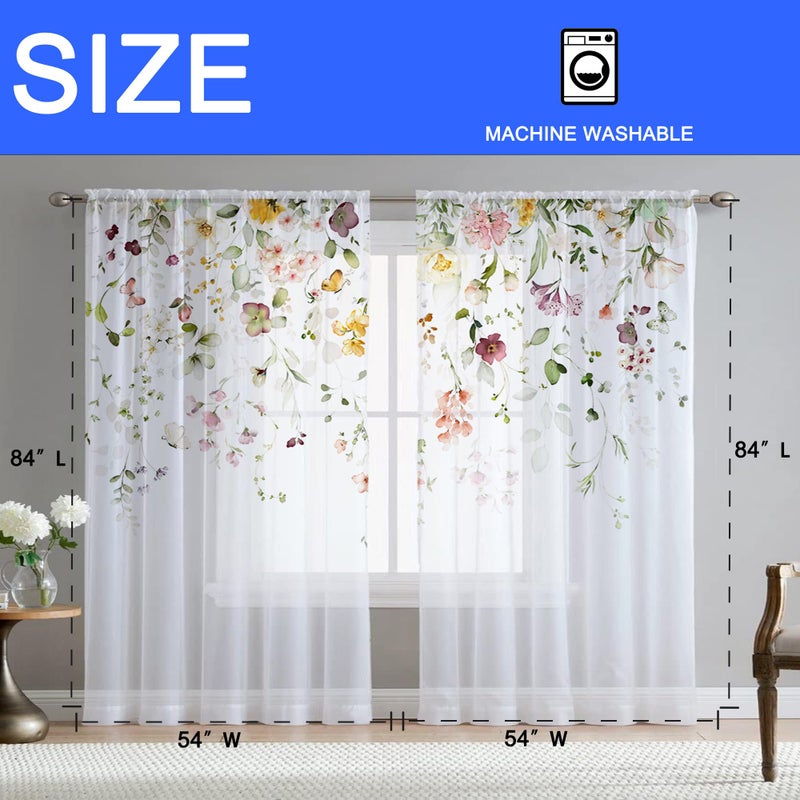 Fereyis Floral Sheer Curtains for Living Room 84 inch Length 2 Panels Set Elegant Butterfly Spring Flower Printed Window Curtain Chiffon Drapes for Bedroom - Image 5