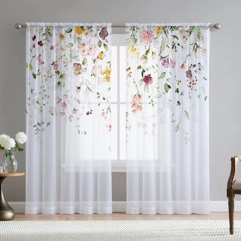 Fereyis Floral Sheer Curtains for Living Room 84 inch Length 2 Panels Set Elegant Butterfly Spring Flower Printed Window Curtain Chiffon Drapes for Bedroom - Image 1