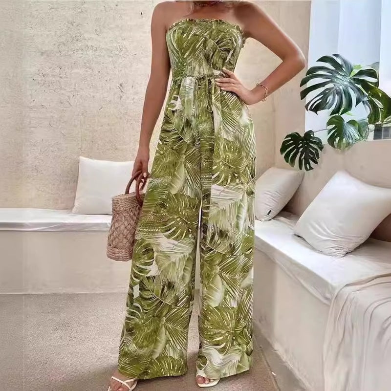 Summer Strapless Jumpsuit Wide Leg Print Blue - Image 5