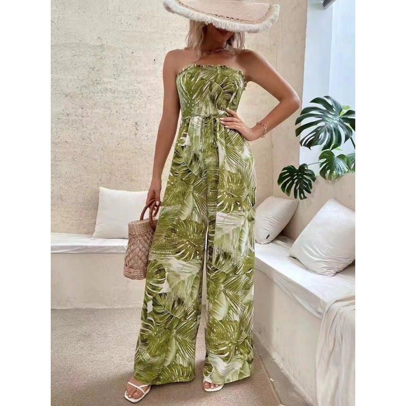 Summer Strapless Jumpsuit Wide Leg Print Blue - Image 3